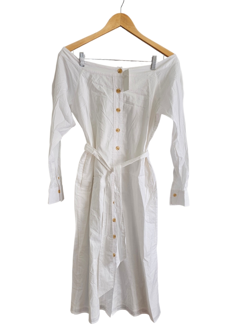 Banana Republic White Off-Shoulder Button Midi Dress with Waist Tie